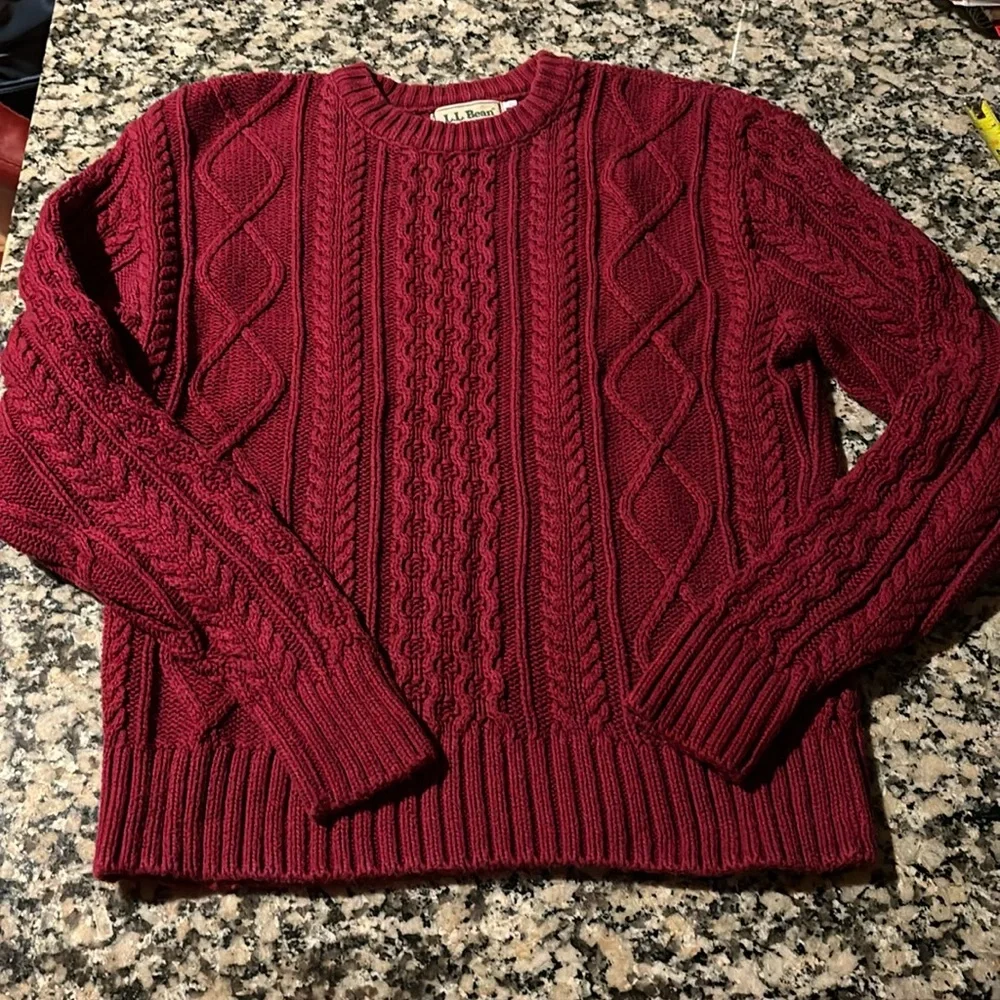 LL Bean Fisherman Sweater Cotton Dark Red Sz M Made in USA